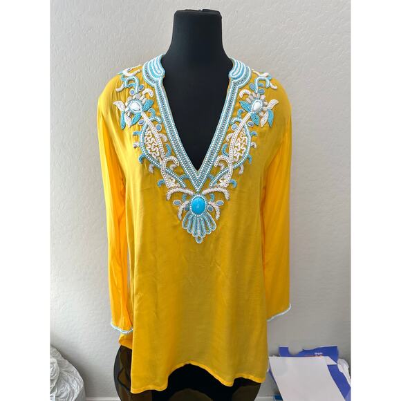BOSTON PROPER | Yellow Beaded Resort Tunic Top V-Neck | Medium - Picture 2 of 8